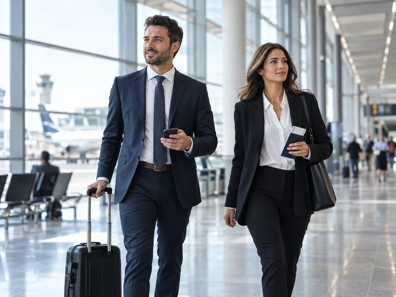 Dois profissionais com malas em um terminal de aeroporto.